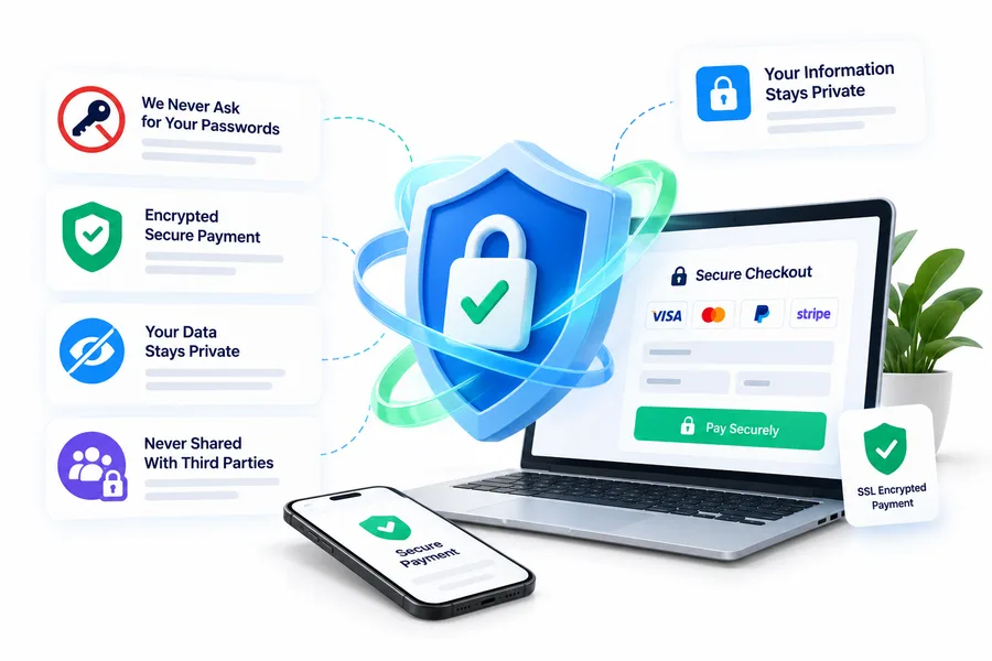 Secure encrypted checkout, private data, never asking for your passwords