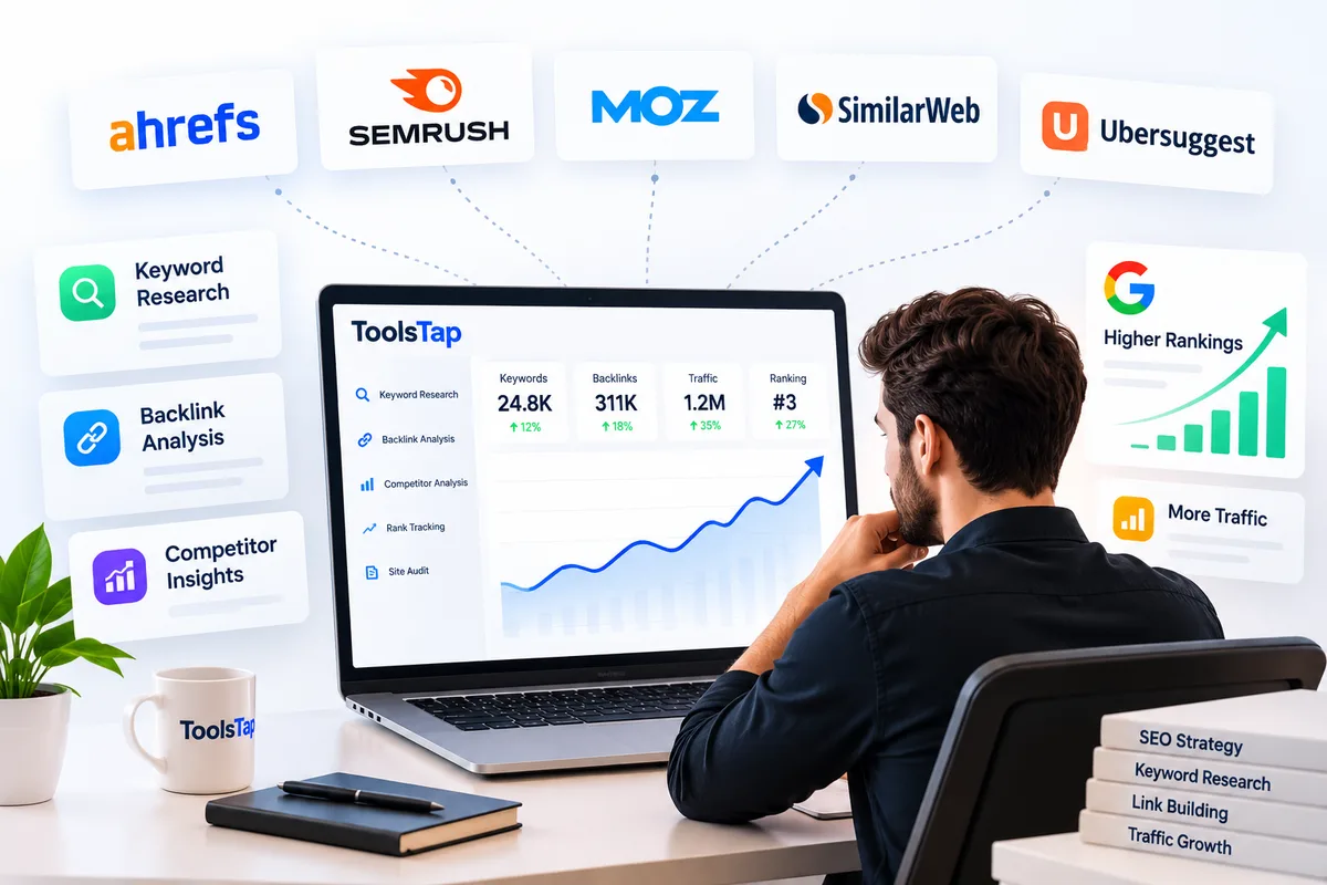 Marketer using Toolstap dashboard with Ahrefs, SEMrush, Moz, SimilarWeb and Ubersuggest for keyword research and backlink analysis